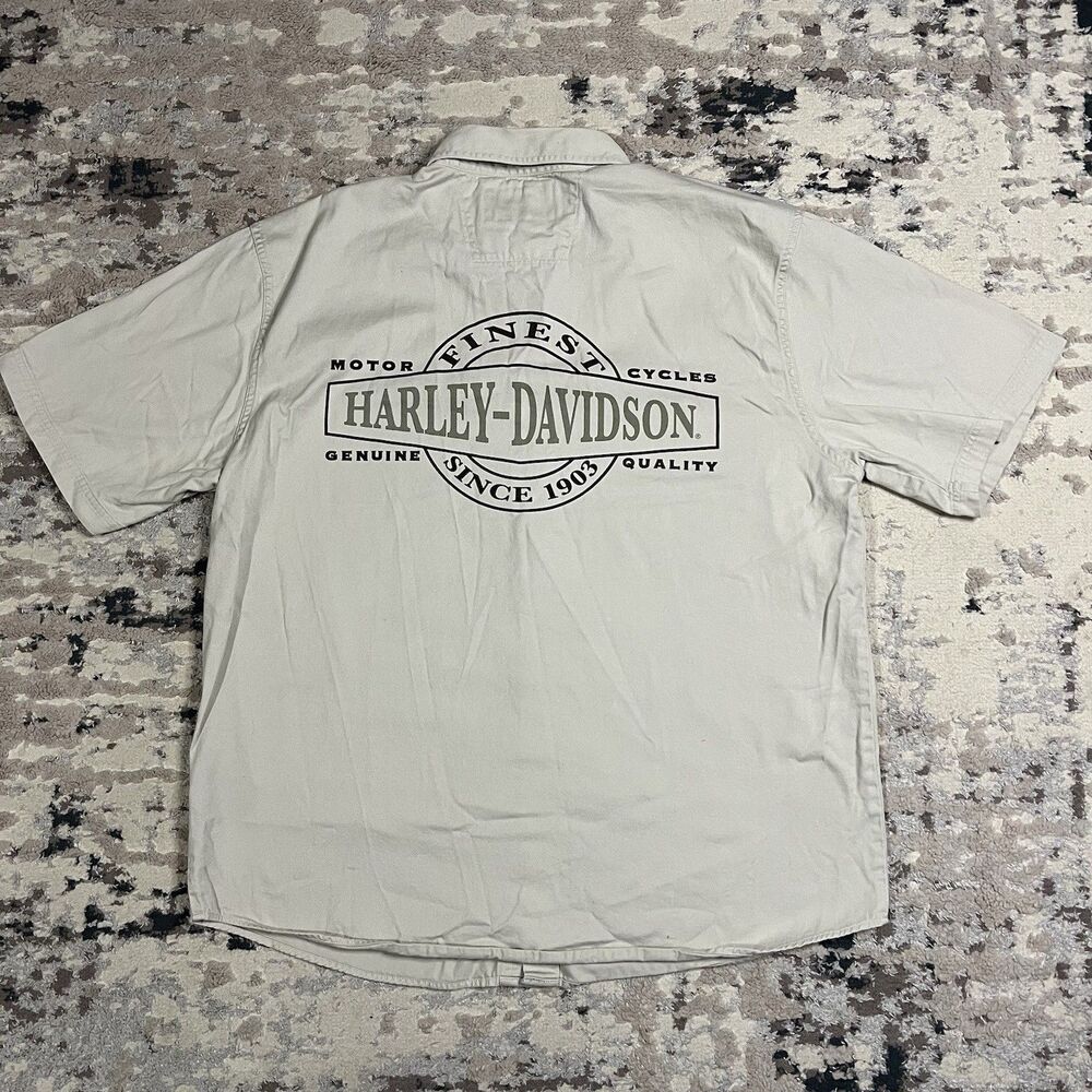 Harley Davidson Garage Shop Button Shirt Mens Sz L Biker Grunge Pockets Utility